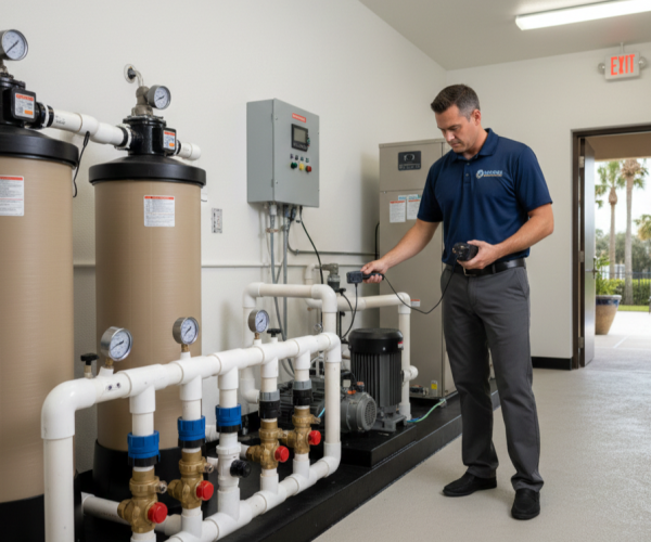 Sawgrass technician inspecting pool equipment and pump housing for leaks